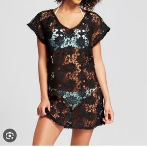 Xhilaration Black Floral Lace Open Back Swim Coverup